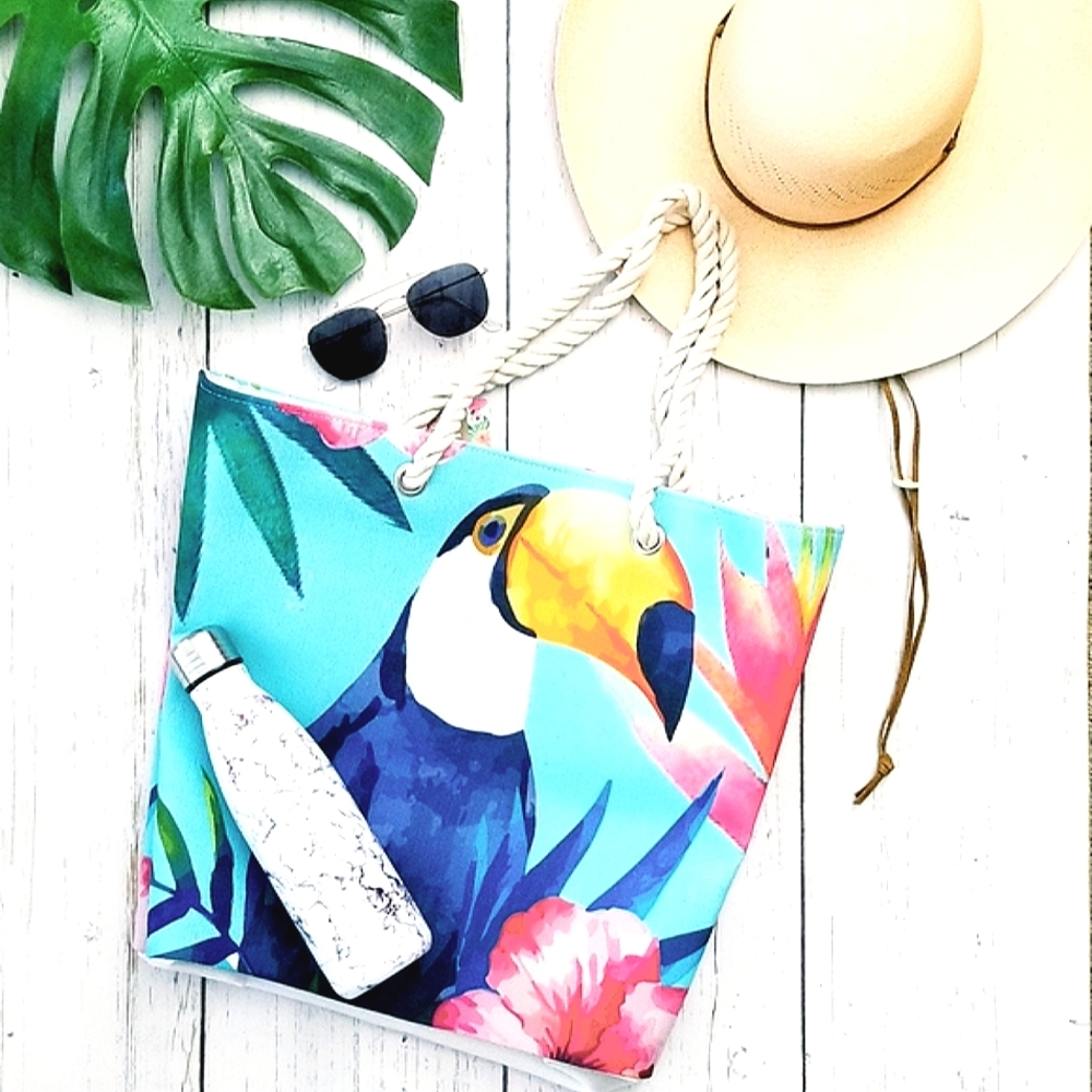 Canvas Toucan Print Summer Beach Tote Bag